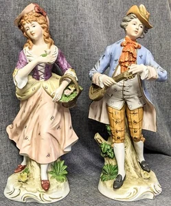 Coppia di statuine vintage porcellana bisque Andrea di Sadek Courting 13" danneggiate - Foto 1 di 16