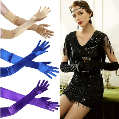 Womens Evening Party Mittens 21' Long Satin Finger Gloves Stretchy Adult Size US - Image 1 of 4