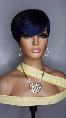 New Short Cut Blue Black Pixie Style Full Cap Wig Heat Resistant Womens Hair Wig - Image 1 of 4