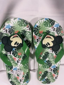 Disney Mickey Mouse Green Flip Flops Tropical Print Kids Size 13/1 Rubber Sole - Picture 1 of 3