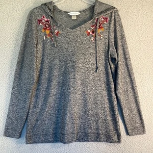 Christopher & Banks Womens Hooded Pullover Top Gray Embroidered Soft Size Small - Picture 1 of 11