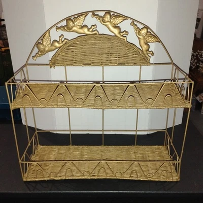 Prateleira vintage de vime e metal-ouro-querubim-de pé livre ou pendurada-2 camadas - Imagem 1 de 4