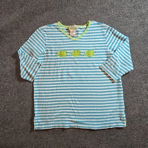 Quacker Factory Sweater Women Size Large Blue Striped Turtles Embroidered Casual - Picture 1 of 9