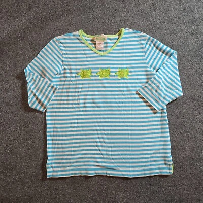 Quacker Factory Sweater Women Size Large Blue Striped Turtles Embroidered Casual - Image 1 of 4