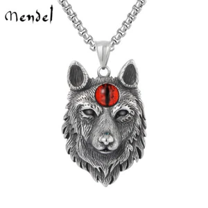 MENDEL Mens Evil Eye Wolf Head Necklace Pendant Stainless Steel Jewelry Chain - Picture 1 of 5