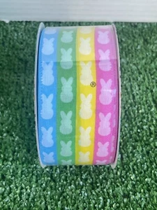 PEEPS Wired Easter Ribbon Bunnies 36' x 2" Wide Rainbow Bow Ribbon Wreath - Picture 1 of 3