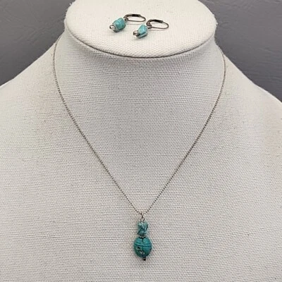 Turquoise Scarab Pendant Necklace Pierced Earrings Set Green Leverback Dangle - Image 1 of 4