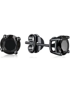 Black Sterling Silver Cubic Zirconia Stud Earrings for Men or Women 4mm - Picture 1 of 2