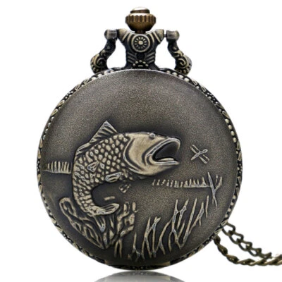Retro Fish Design Quartz Analog Pocket Watch Men Women Necklace Chain Timepiece - Image 1 of 4