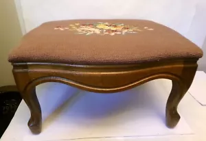 Vtg FOOTSTOOL Carved Wood STOOL BENCH Needlepoint Embroidery Florals - Picture 1 of 7