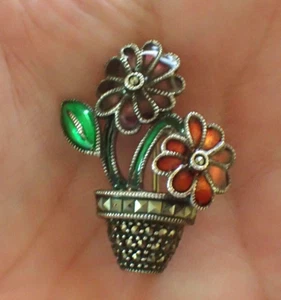 Vintage Judith Jack sterling silver marcasite enamel Flower Pot pin brooch - Picture 1 of 4