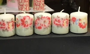 CATH KIDSTON BLEACHED FLOWERS Green Design HAND DECORATED VOTIVE CANDLE SET OF 5 - Picture 1 of 7