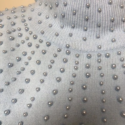 vtg Dressbarn Pullover Sweater Sz M Pearl Accents Light Blue Mock Neck Long Slv - Image 1 of 4