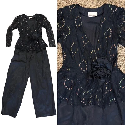 Vintage 80’s BLACK LACE TOP JUMPSUIT M Retro Metallic Bow Disco Sheer Peplum - Image 1 of 4