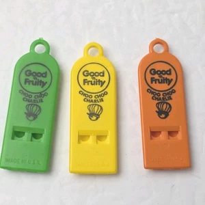 3 Vintage Good & Fruity Choo Choo Charlie Toy Whistles Green Yellow Orange USA - Picture 1 of 5