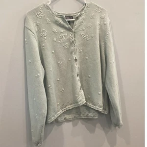 Vtg Lands’ End Womens Cardigan Size L Embroidered Floral Cottagecore Sage Green - Picture 1 of 12