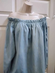Nuevo top informal de mezclilla azul claro con hombros descubiertos BONJOUR para mujer mangas largas - Imagen 1 de 10