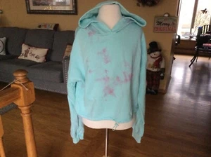Women’s S Longsleeve Cropped Hoodie AERO Blue & Pink Tye Dye Drawstring Waist - Picture 1 of 2