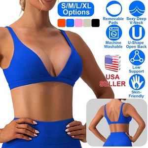 Women Deep V-Neck Sports Bra, Strappy Criss Cross Padded Cups Strap Workout Yoga - Picture 1 of 49