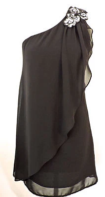 ESLEY BLACK DRAPED CHIFFON SEQUIN MINI DRESS WOMENS SZ S - Image 1 of 4