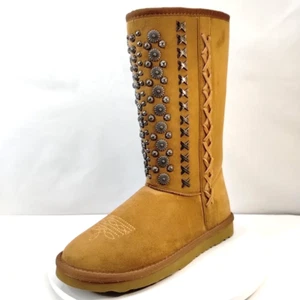 Montana West braune Wildlederimitatstiefel gefüttert Gr. 8 Kreuz Blumen verziert neu ohne Etikett - Bild 1 von 13