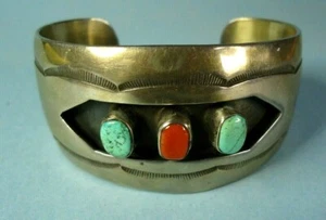Very Old Unsigned Sterling Silver, Turquoise & Coral Shadowbox Cuff Bracelet - Picture 1 of 8