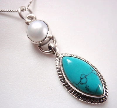 Cultured Pearl & Turquoise Necklace w/ Rope Style Accents 925 Sterling Silver  - Image 1 of 2