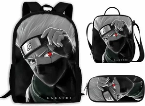 KAKASHI Herren Schwarz 3D Druck Anime 3-teiliges Rucksack Set mit Brotdose und Tasche - Bild 1 von 6