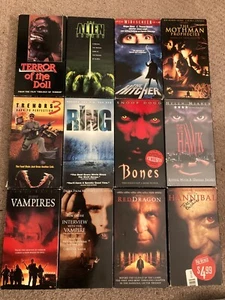 Horror VHS Lot of 12 Tapes RARE - Terror of the Doll Tremors Alien Hitcher Bones - Picture 1 of 9