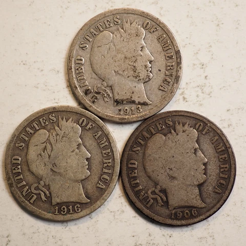 LOT OF 3 BARBER SILVER DIMES - 1906P, 1913P, 1916S - FREE SHIPPING! A3445 Cover