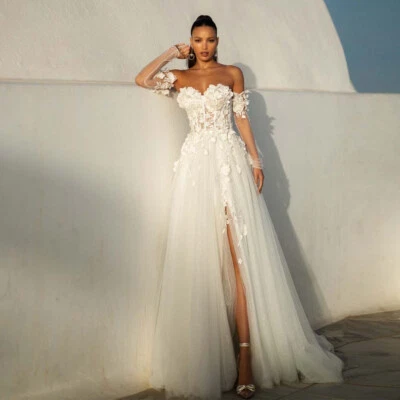 Side Slit Tulle Wedding Dress Sweetheart 3D Flower Applique Backless Bridal Gown - Imagem 1 de 4