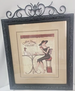 Framed Art Print Coffee Bean Shoppe & Book Store Lady Sitting  Sz 14" x 15 1/2" - Picture 1 of 2