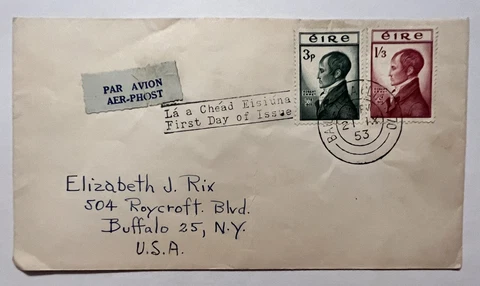 1953 IRELAND BALLINA FIRST DAY COVER TO BUFFALO NEW YORK Cover