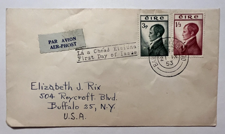 1953 ИРЛАНДИЯ БАЛЛИНА ПЕРВЫЙ ДЕНЬ ОБЛОЖКА BUFFALO НЬЮ-ЙОРК - Изображение 1 из 3