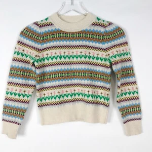 Crewcuts Sweater Girls 8 9 Years Medium Green Blue Striped Fair Isle Wool J Crew - Picture 1 of 9