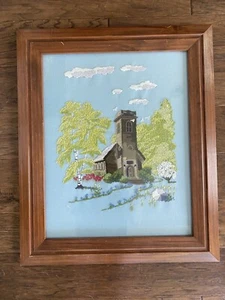 Vintage 1973 Large Framed Embroidery Needlepoint Church Garden Blue 24.5 X 20.5” - Picture 1 of 6