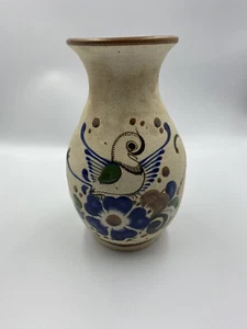 Mexikanische Tonala Keramik Vase blau Vogel Blumen glasiert innen 8 Zoll - Bild 1 von 7