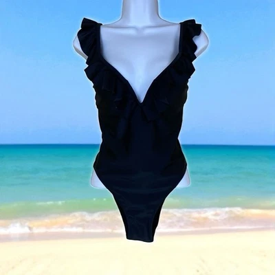 Traje de baño Express negro con volantes cuello en V de una pieza talla pequeña Foto 1 de 4