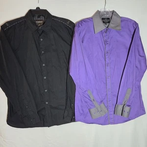 2 Mens Button Up Shirt SIZE MEDIUM Ferreti & No Boundries BLACK & PURPLE Long Sl - Picture 1 of 17