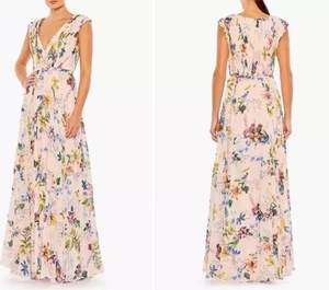 MAC DUGGAL 55829 PLEATED FLORAL CAP SLEEVE A-LINE PINK MULTI GOWN sz 14 - Picture 1 of 2