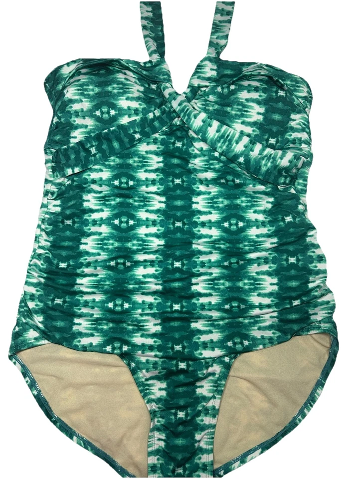 Traje de baño de una pieza halter frontal cruzado a rayas verdes blancas Merona para mujer (XL) Foto 1 de 4