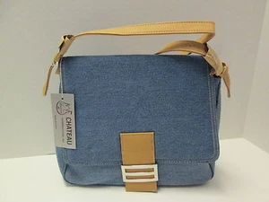 Blue Denim Purse w/Tan Trim and Silvertone Clasp by Chateau International, NWT - Picture 1 of 4