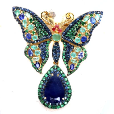 925 Silver 12x18MM. Blue Sapphire, Emerald, Chrome Diopside, Ruby Brooch/Pendant - Image 1 of 4