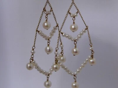 FP 1/20 14k Gold Filled Pearl Dangle/Drop Earrings Lever Back 3 1/2" Drop - Image 1 of 4
