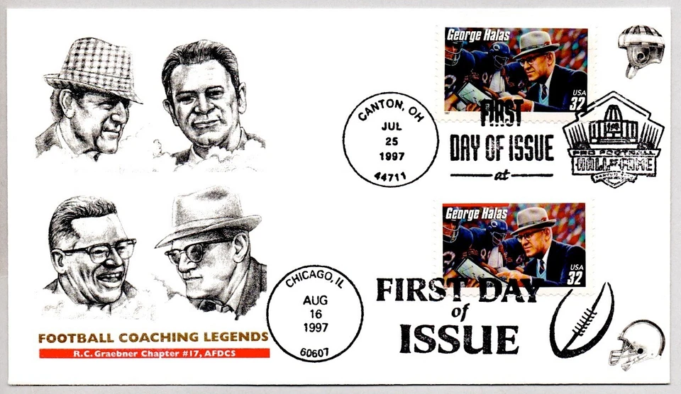 #3146 #3150 GEORGE HALAS CHICAGO BEARS LEGENDARY COACH DUAL CANCEL FDC - Image 1 of 1