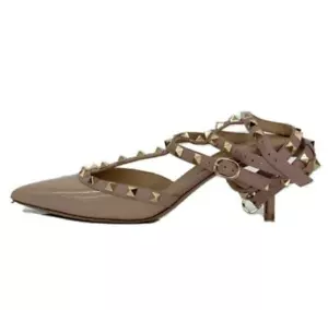 Valentino Garavani Rockstud 37 Women's Pointed Toe Patent Leather Sandals Beige - Picture 1 of 4