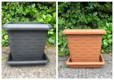 Heavy Duty Plastic Square Large Planters & Saucers Plant Pots With Drip Trays