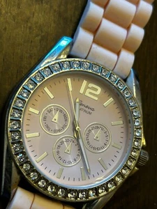 Geneva Pink Dial Round Silver Tone Case Pink Silicone Band Watch - Picture 1 of 4
