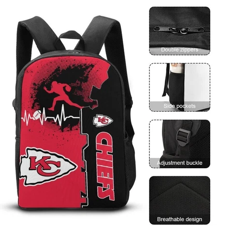 Kansas City Chiefs Shoulder Backpack 17” Travel Backpack Heartbeat Sport Style Cover