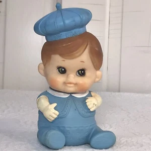Vtg Baby Squeak Rubber Play Toy Blue 'Baby King' Iwai Seated Doll Iwaison Japan - Picture 1 of 23